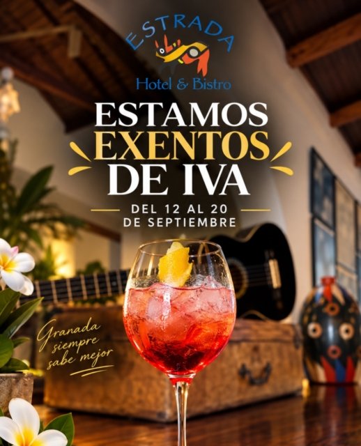 ¡Tu momento de disfrutar llegó!
Del 12 al 20 de septiembre, estamos EXENTOS DE IVA.

Ven a disfrutar de buena gastronomía, cócteles y el ambiente único de Bistro Estrada.

📍 Granada