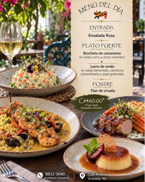 ¡Nuestro Menú de la semana ya está aquí! ✨

Déjate consentir con una experiencia llena de sabor y disfruta de una propuesta pensada para hacer de tu almuerzo un momento especial. 🍽️❤️

📅 Disponible del 08 al 12 de octubre. Una combinación deliciosa, preparada para que disfrutes cada bocado y te lleves una experiencia que querrás repetir. ✨

💰 C$460.00 — precio total, impuestos incluidos.

📍 Visítanos en Calle Arsenal, Granada, Nicaragua 📲 8832 0040 — ¡Escríbenos o llámanos! ❤️

#Menú #Granada #Gastronomía #Almuerzo #FoodieNicaragua #GranadaFoodies