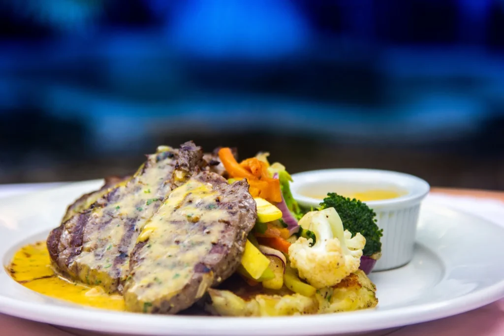 Filet mignon with vegetables and sauce at Bistro Estrada in Granada, Nicaragua