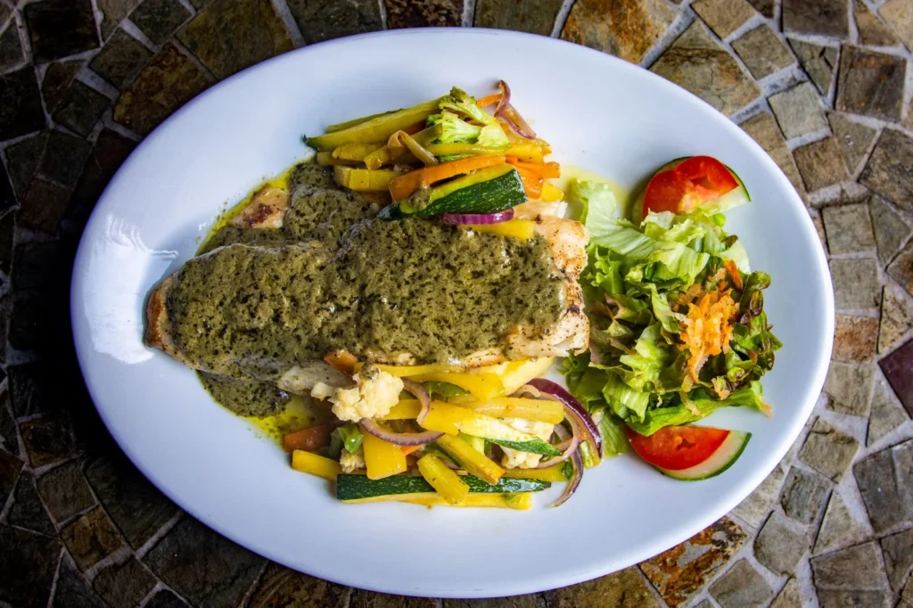 Mediterranean-style dish with vegetables served at Bistro Estrada in Granada, Nicaragua