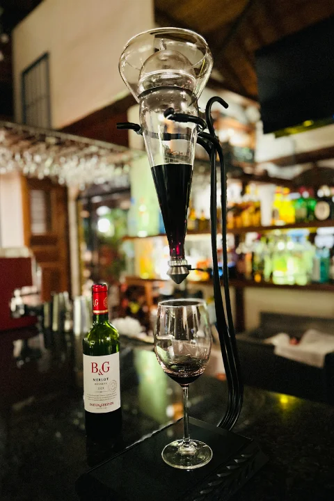 Wine decanter service at Bistro Estrada in Granada, Nicaragua