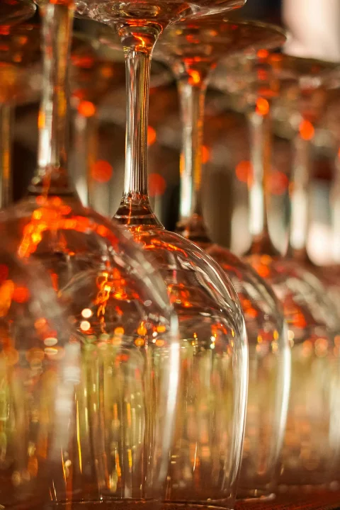 Wine glasses prepared for service at Bistro Estrada in Granada, Nicaragua